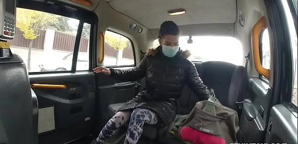 Breasty swarthy gangbanged in fake taxi in public